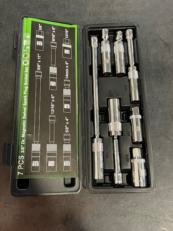 Photo 1 of 7 Piece 3/8-Inch Drive Magnetic Swivel Spark Plug Socket Set, Includes 9/16-Inch, 13/16-Inch, 5/8-Inch, 14mm Socket, 6-Point &12-Point, CR-V, Enhanced Magnetic Design with Thin Wall Socket
