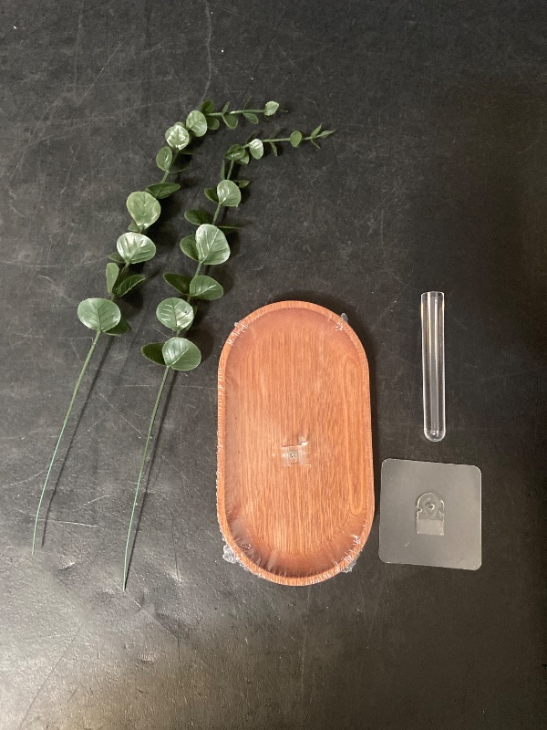 Photo 1 of decorative wall-mounted vase set featuring faux eucalyptus stems, a wooden base, a glass tube, and an adhesive hook for hanging.