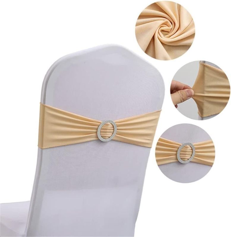 Photo 1 of 50PC Chair Ribbon,Chair Decorative,for Wedding Party Events Supplies, Elastic Stretch Spandex Chair Covers Bands Bows for Wedding Party Lycra Chair Decoration- kHAKI