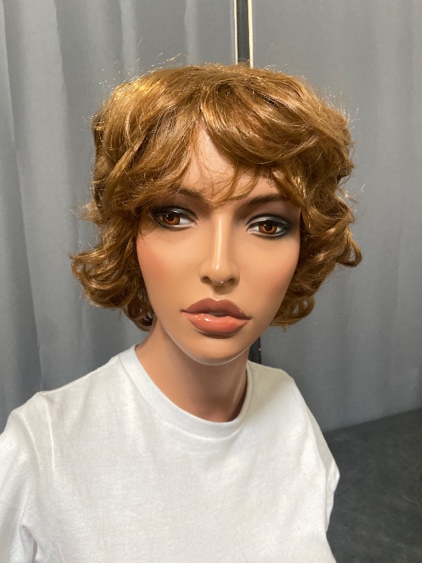 Photo 1 of Short Curly Light Brown Wigs for Old Lady Layered Curly Wig with Bangs Wavy Brown Wig with Dark Roots Natural Synthetic Hair for Daily Party Cosplay Custume #9744551