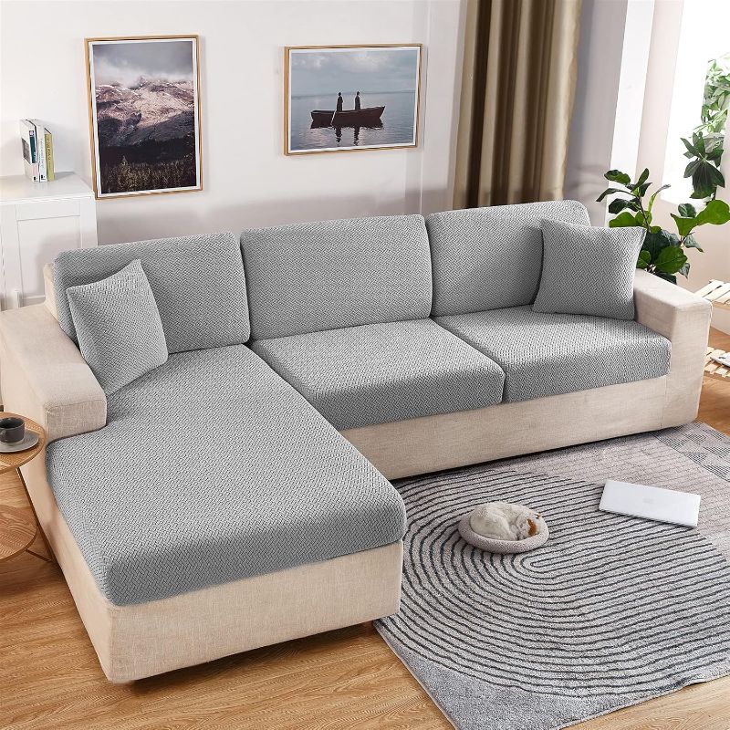 Photo 1 of 9 pc Couch Cover, Universal Stretch Chaise Sofa Slipcovers,Anti-Slip L Shape Sofa Covers, Sofa Slipcover for 3 Cushion Couch - Elastic Furniture Protector (Weave Light Grey, Triple Seat Cover)