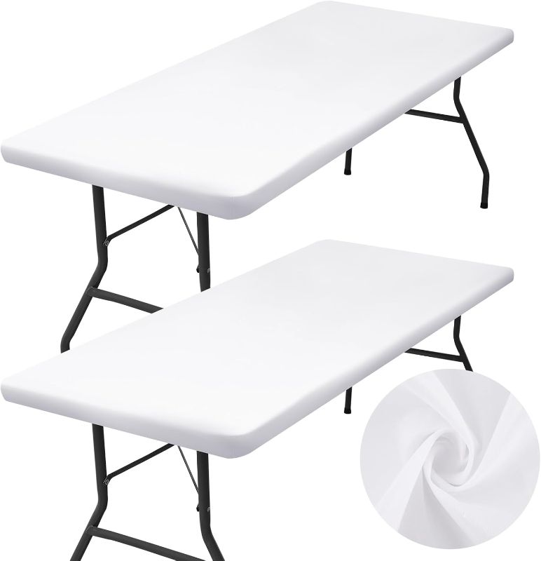Photo 1 of  2 Pack Spandex Tablecloth Table Top Cap Cover Washable Elastic Rectangle Tablecloth for 6 FT Folding Tables for Indoor Outdoor Party (72 x 30 Inches, White)