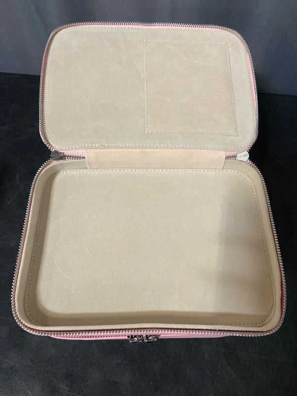 Photo 1 of Vanity Case Travel Makeup Bag Large Makeup Organizer Cosmetic Bag with Dual Compartments and Removable Divider for Toiletries Skincare Make up Brushes, Pink