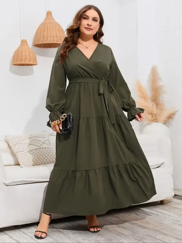 Photo 1 of Size 4XL Womens Dresses 2026 Fall Long Sleeve Midi Dress Casual V Neck Button Down Tiered Flowy Aline Tie Waist Shirt Dress
