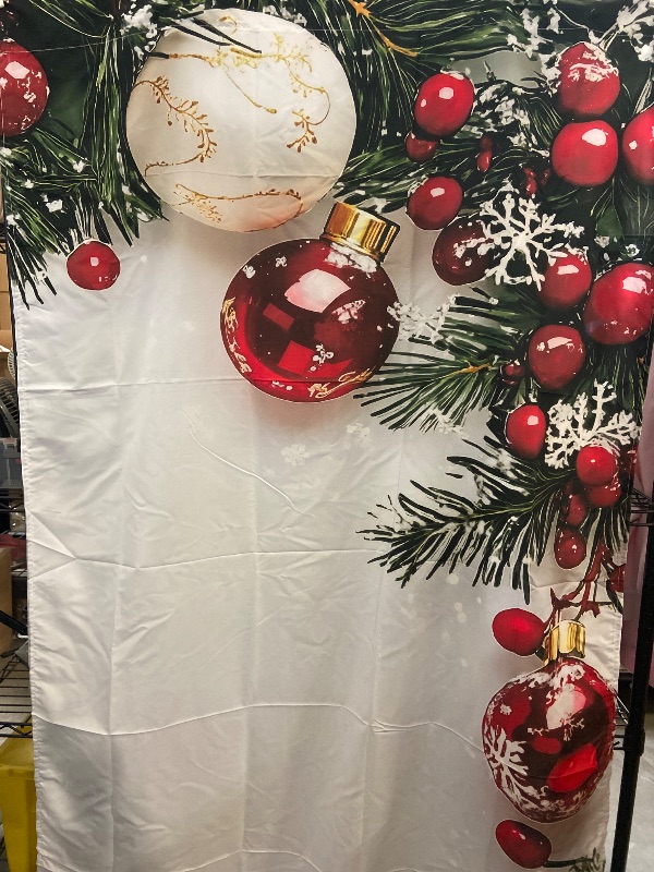 Photo 1 of Christmas Ball Holiday Printed Curtains, 2 Pieces 2D Flat Printed Red Luxury Xmas Print Curtains with Snowflakes and Pine Branches for Bedroom Living Room Holiday Party Decor(110W- 220L- White)
