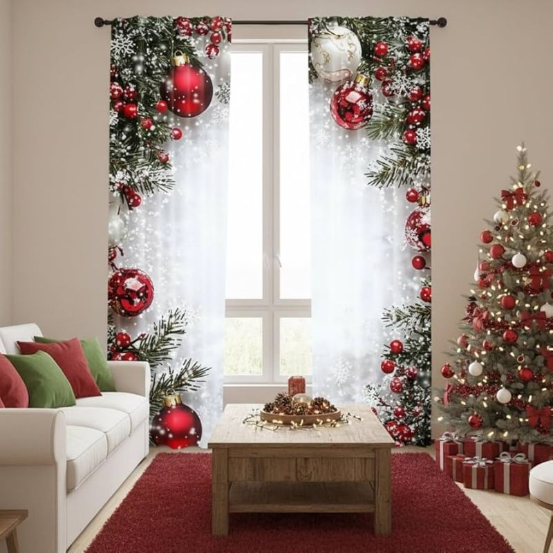 Photo 1 of Christmas Ball Holiday Printed Curtains, 2 Pieces 2D Flat Printed Red Luxury Xmas Print Curtains with Snowflakes and Pine Branches for Bedroom Living Room Holiday Party Decor(110W- 220L- White)
