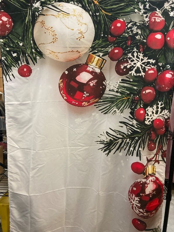Photo 1 of Christmas Ball Holiday Printed Curtains, 2 Pieces 2D Flat Printed Red Luxury Xmas Print Curtains with Snowflakes and Pine Branches for Bedroom Living Room Holiday Party Decor(110W- 220L- White)
