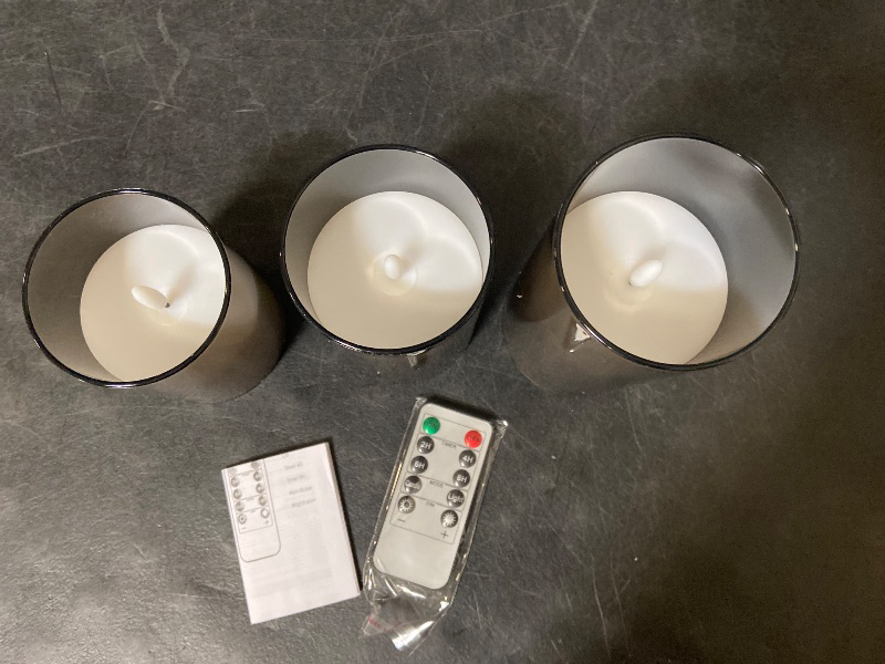 Photo 1 of Black Fake Candles Battery Operated, Flickering Flameless Candles with Timer and Remote, Glass LED Electric Pillar Candles Set of 3 for Home Coffee Table Bathroom Decor