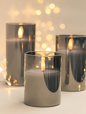 Photo 1 of Black Fake Candles Battery Operated, Flickering Flameless Candles with Timer and Remote, Glass LED Electric Pillar Candles Set of 3 for Home Coffee Table Bathroom Decor