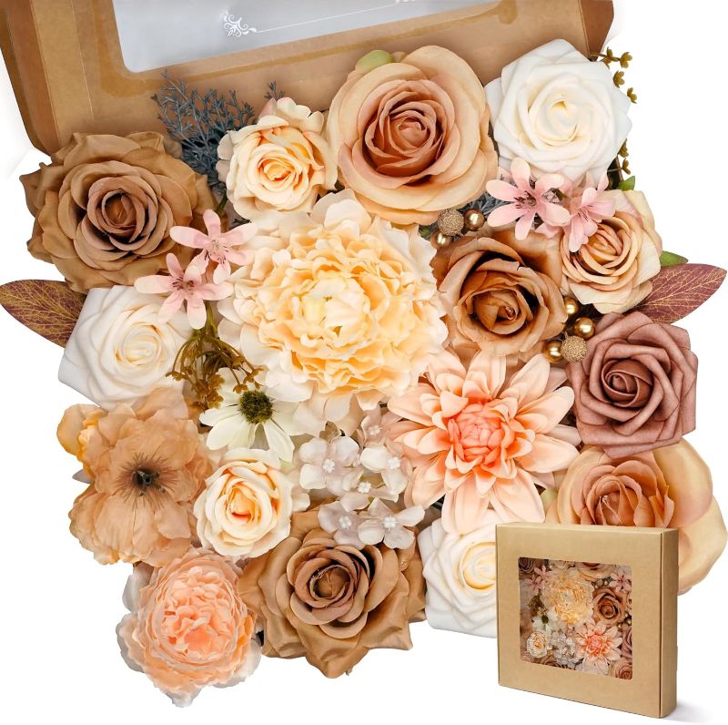 Photo 1 of Artificial Flowers Combo Box Set 35pcs Silk Champagne Fake Rose, Peonies with Stem for DIY Wedding Cake Arch Bouquets Baby Bridal Shower Centerpieces Party Wall Home Decorations
