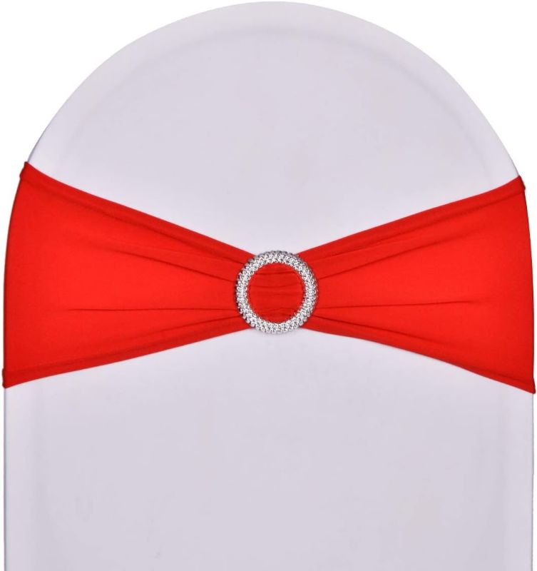 Photo 1 of 20pcs Spandex Chair Sashes Bows Bands Stretch Ties with Buckle Slider for Party Banquet Reception Decoration-RED
