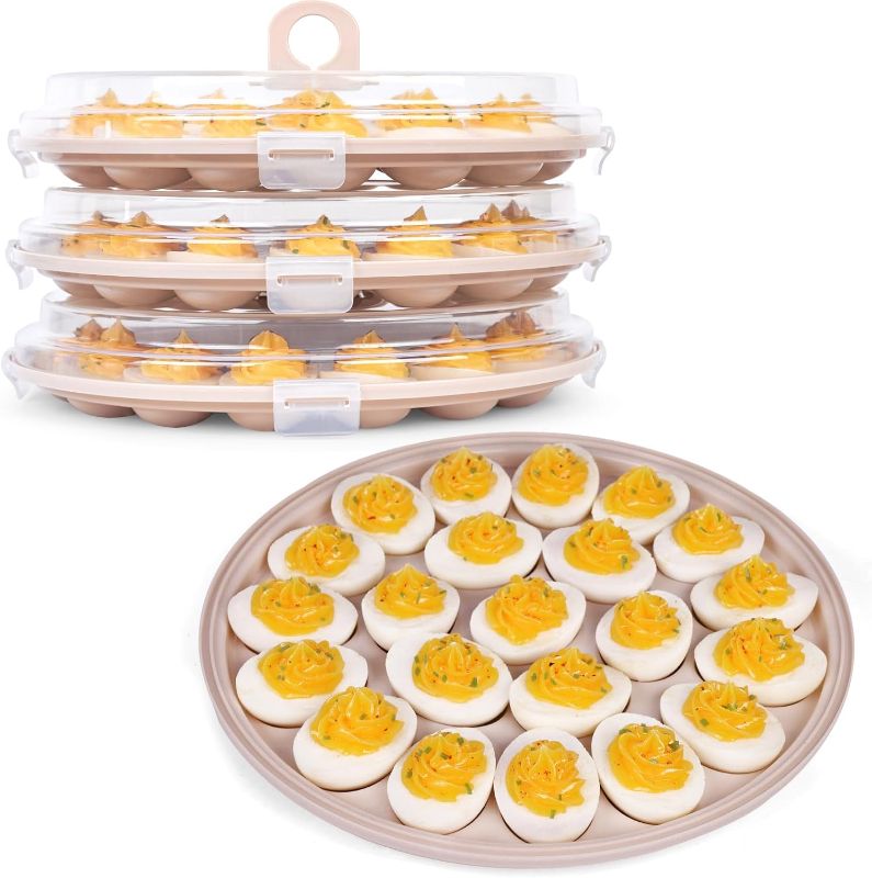 Photo 1 of HANSGO 3PCS Deviled Egg Platter, Brown Deviled Egg Containers Tray Holder Carrier with Lid Including 66 Slots for Kitchen Home Supplies
