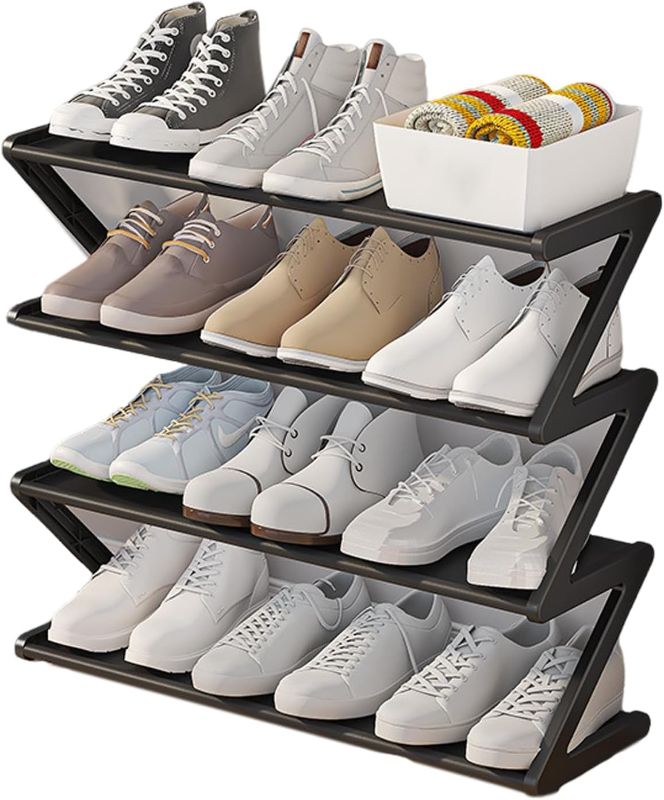 Photo 1 of 4 Tier Shoe Rack Organizer, Free Standing Shoe Racks, Easy to Install, Space Saving Shoes Organizer, Outdoor Shoe Rack, Shoe Rack for Closet Floor Entryway Bedroom Black 
