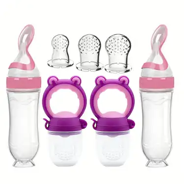 Photo 1 of 7pcs/ set Baby Feeding Set: 2pcs Silicone Feeding Bottle with Spoon, Squeeze Baby Food Dispensing Feeder, 2pcs Fresh Food Feeder Pacifier, 3-Size Nipples, Toddler Feeding Bottle Set