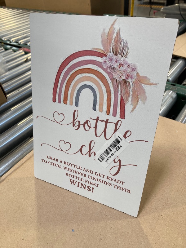 Photo 1 of Baby Bottle Chug Game Sign-8×11 Inches, Drink Up Chugging Sign, Bohemian Rainbow Wooden Sign, Gender Neutral Tabletop Decor for Gender Reveal Party, Baby Shower Favors Supplies Decoration-LA52