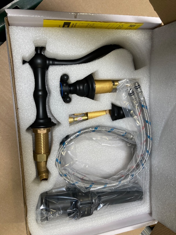 Photo 1 of GGStudy Black Bathroom Faucet 2 Handles 3 Holes Faucet 8 inch Widespread Bathroom Sink Faucet Tap Mixer Supply Hose Included Matching Metal Pop Up Drain