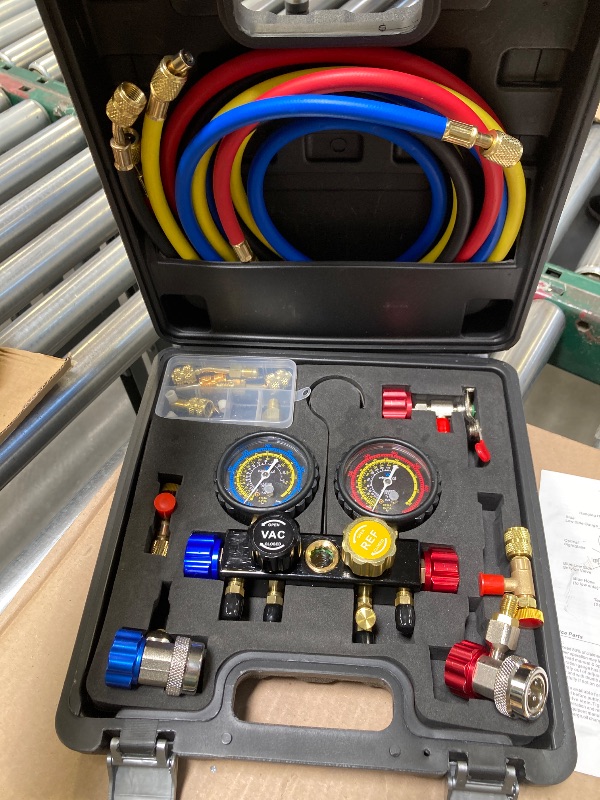 Photo 1 of WISSCOOL AC Gauge Set R410a R134a R22, Automotive 4 Valve AC Manifold Gauge with 5ft Hoses, Quick Couplers, Adapters, Puncturing Can Tap Tools for R410a Refrigerants Charging and Evacuation