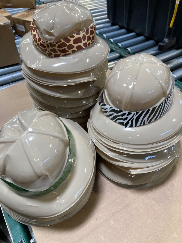 Photo 1 of Haysandy Safari Hat 20 Sets Jungle Explorer Hats with Stickers for Kids Boys Girls, Jungle Explorer Adventure Birthday Halloween Party Helmet Costume Supplies, Beige