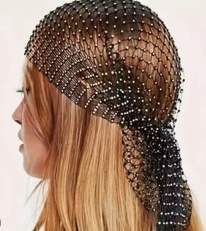 Photo 1 of Black Rhinestone Hairnet Trendy Head Scarf Mesh Breathable 