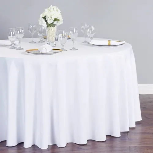 Photo 1 of 1 Pack White Round Tablecloths, 120 Inch Stain Resistant and Wrinkle Polyester Fabric Washable Table Clothes Cover for Kitchen Dining, Wedding, Reception Banquet, Birthday Party, Buffet Restaurant