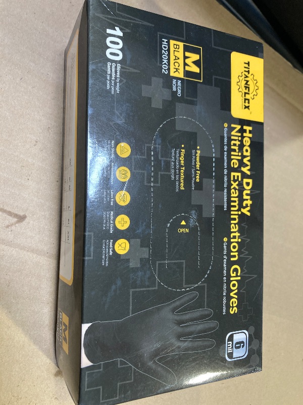 Photo 1 of TitanFlex Disposable Nitrile Exam Gloves - 6-mil, Black, Medium 100-ct Box, Heavy Duty, Latex Free, Food Safe for Cooking & Food Prep