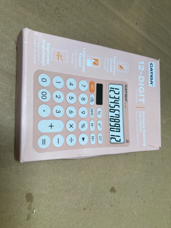 Photo 1 of CATIGA 12 Digit Desktop Calculator Basic Desk Calculator with Large LCD Display, Big Buttons, 4 Function, Solar and Battery Dual Power, for Office, School, Home, SD-1292 Pink