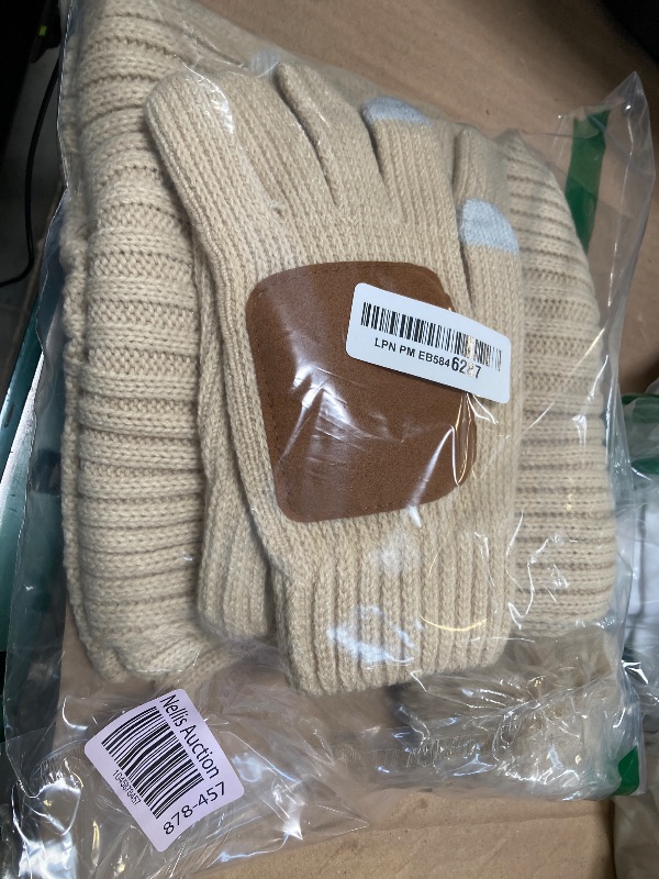 Photo 1 of Inventix Matching White/Beige Warm Winter Scarf, Hat, Gloves Set for Women | 100% Acrylic Rib Knit Cuffed Beanie with Pom, Long Scarf, Gloves Touchscreen eTip Fingers