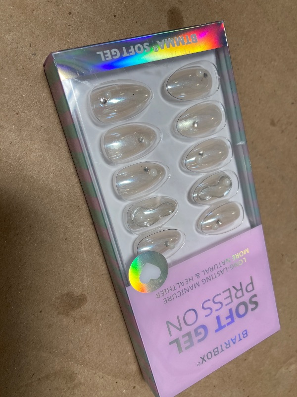 Photo 1 of BTArtbox Press On Nails Short - Pearl Accents Chrome Almond Press On Nails with Glue for Women, Opaque Soft Gel Glue On Nails in 16 Sizes - 32 Stick On Nails Kit, Tidal Pearl