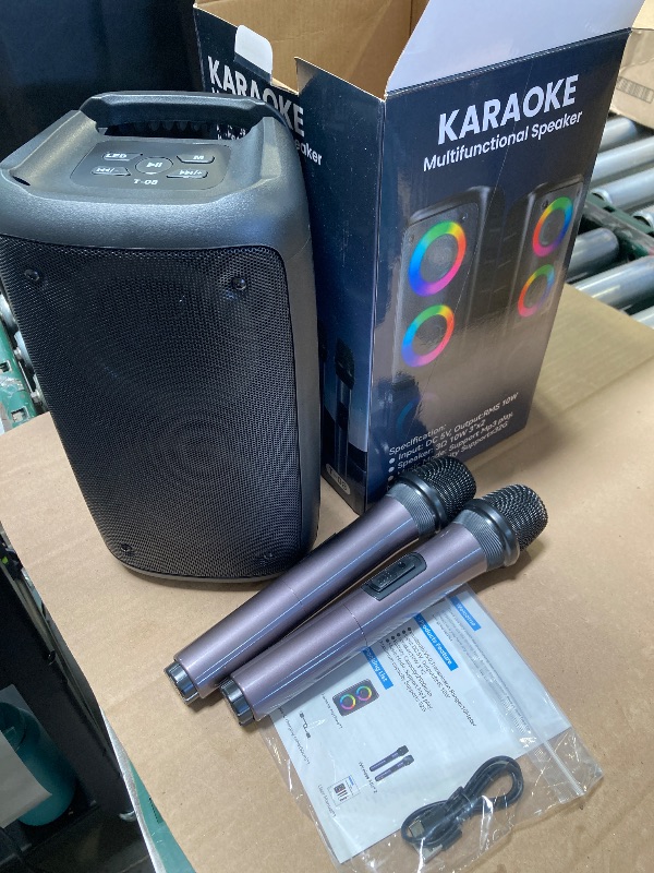 Photo 1 of Portable Bluetooth Powered Loudspeaker, PA Speaker with 2 Wireless Microphones for Adults Kids with Upgraded Subwoofer, Support TWS/TF/USB/AUX for Home Party Outdoor