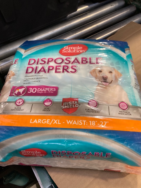 Photo 1 of Simple Solution Disposable Dog Diapers, Female Dog Diapers, Puppy Potty Training, Incontinence and Heat Cycle Protection, Large Diapers for Dogs, 18-27 Inch Waist, 30 Count