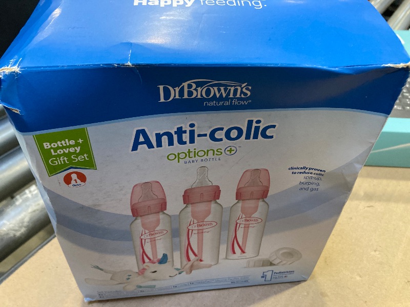 Photo 1 of Dr. Brown's Natural Flow Anti-Colic Options+Narrow 8oz/250mL Baby Bottle + Lovey Gift Set with Level 1 Slow Flow Nipples, Pink