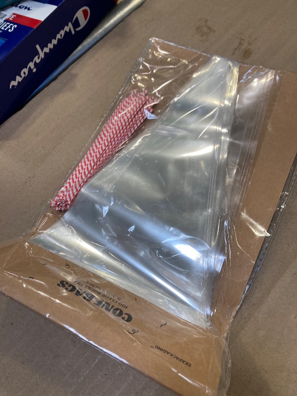 Photo 1 of EKAPACKAGING 100Pcs 6.3x11.8 Inches Clear Cone Shaped Treat Cellophane Bags Twist Tie Triangle Christmas Party Favor Cotton Candy Bags With Ties For Popcorn, Chocolates, Ice Cream Cone
