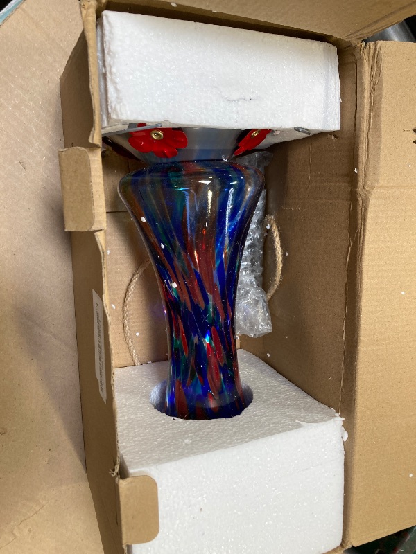 Photo 1 of Hummingbird Feeder for Outdoors Hanging, Hand Blown Glass Hummingbird Present with Perch, Leak Proof, Never Fade, 4 Feeding Ports, 20 fl.oz, Include Hook, Ant Moat, Rope, Brush, Presents for Garden