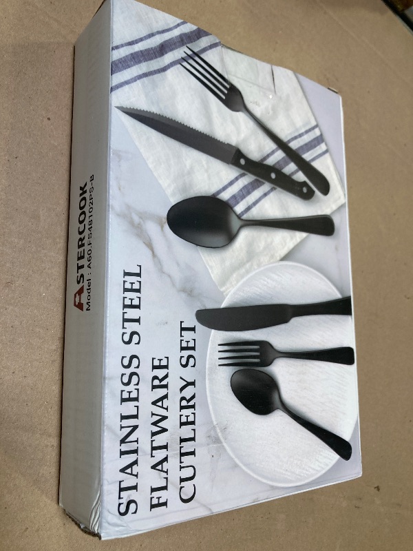 Photo 1 of Astercook Silverware Set 48-Piece Black Flatware Set with Steak Knives Food-Grade Stainless Steel Cutlery Set for 8 Mirror Polished Utensils Set Include Spoons and Forks for Home Kitchen Restaurant