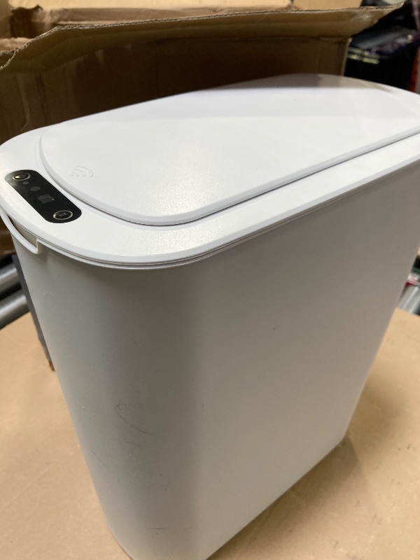 Photo 1 of 5 Gallon Motion Senor Bathroom Trash Can with Lid, Automatic Garbage Can Touchless, Smart Plastic Waste Basket for Narrow Spaces, Bathroom, Office, Bedroom, Living Room (White)