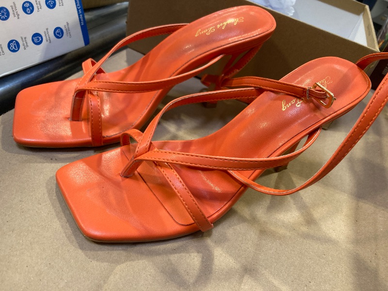 Photo 1 of 7--Elisabet Tang Womens Square Toe Heeled Sandals,4.3 inch Square Toe Thong Strappy Ankle Strap Stiletto Heel Sandals Wedding Dress Party Shoes Orange Size 7