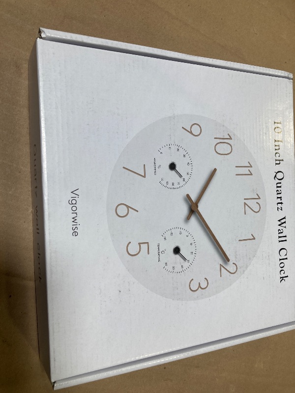 Photo 1 of Vigorwise 10Inch Wall Clock with Temperature & Humidity, Wooden Frame Wall Clocks, Sweep Silent Movement Accurate Clocks, Decorative for Kitchen Living Room Bedroom Housewarming