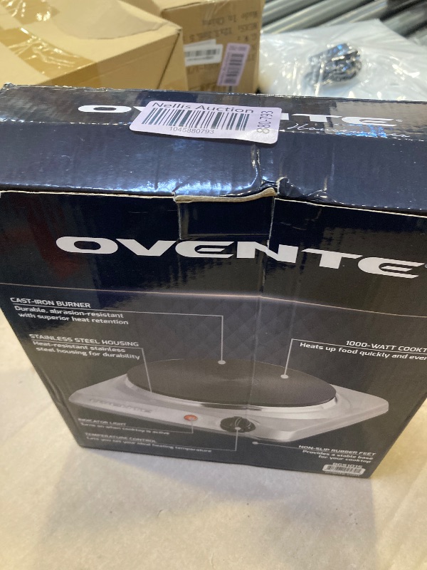 Photo 1 of OVENTE Electric Countertop Single Burner, 1000W Cooktop with 7.25 Inch Cast Iron Hot Plate, 5 Level Temperature Control, Compact Cooking Stove and Easy to Clean Stainless Steel Base, Silver BGS101S