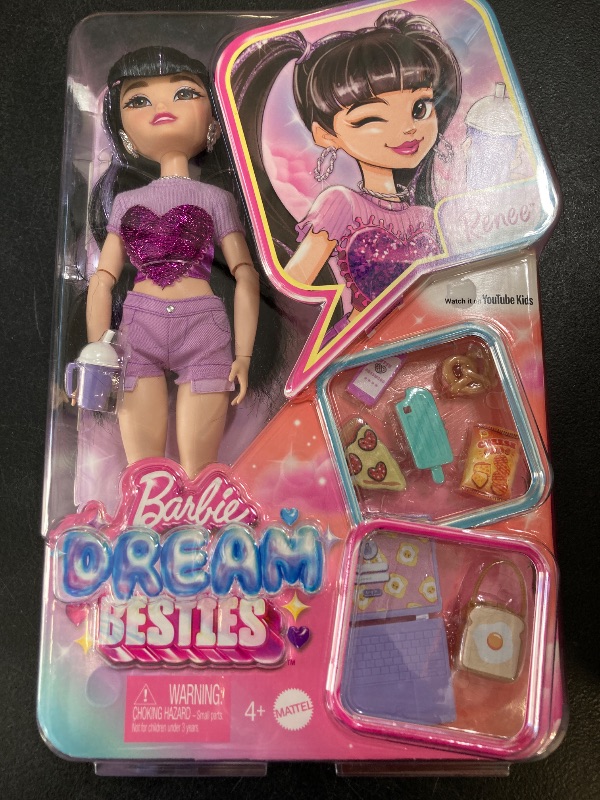Photo 1 of Barbie Dream Besties Doll & Accessories Playset, Renee with Long Black Hair, 11 Food & Video-Themed Pieces