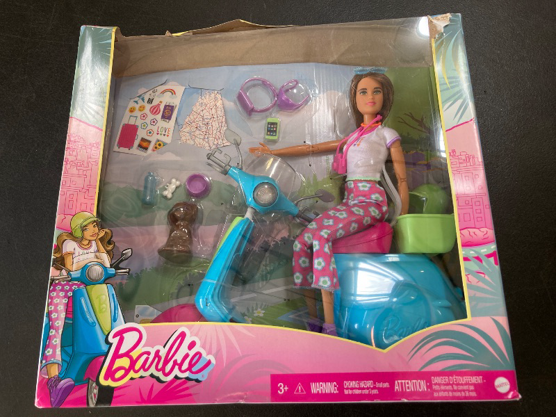 Photo 1 of Barbie Fashionistas Doll & Scooter, Travel Playset with Stickers, Pet Puppy & Themed Accessories Like Map & Camera 