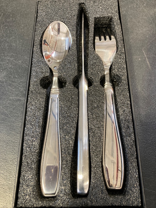 Photo 1 of BUNMO Utensils for Elderly, Arthritis, Weak Hand Grip & Handicapped - for Tremors and Parkinsons Patients - Stainless Steel - Eat Independently - Weighted 3 Piece Set