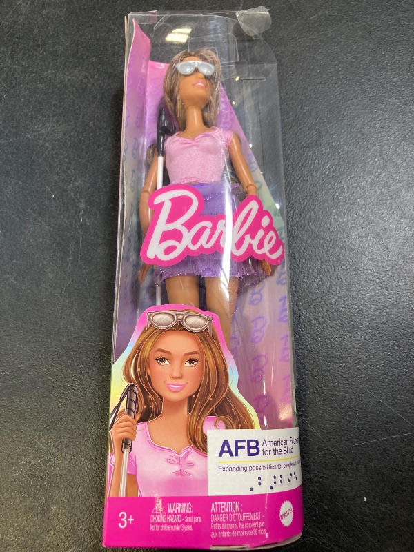 Photo 1 of Barbie Fashionistas Doll #228, Blind Doll Wearing Pink Top and Ruffled Skirt with Cane and Sunglasses in Partnership with The American Foundation for The Blind