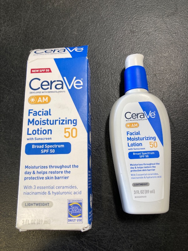 Photo 1 of CeraVe AM Facial Moisturizing Lotion SPF 50, Face Moisturizer with SPF, Hyaluronic Acid, Niacinamide & Ceramides, Non-Greasy, Blends Seamlessly With No White Cast, Non Comedogenic Sunscreen, 3 Oz