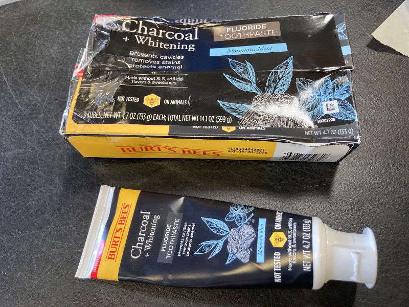 Photo 1 of Burt's Bees Toothpaste, Natural Flavor, Charcoal with Fluoride Toothpaste, Mountain Mint, 3 x 4.7oz