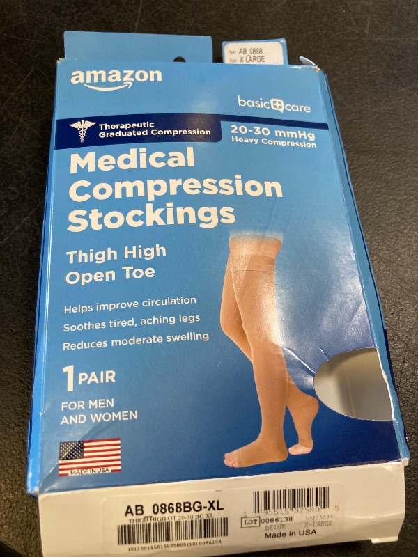 Photo 1 of Amazon Basic Care Medical Compression Stockings, 20-30 mmHg Support, Women & Men Thigh Length Hose, Open Toe, Beige, X-Large (Previously NuVein)