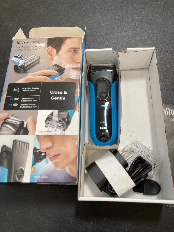 Photo 1 of Braun Electric Series 3 Razor with Precision Trimmer, Rechargeable, Wet & Dry Foil Shaver for Men, Blue/Black, 4 Piece