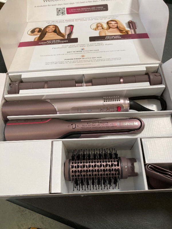 Photo 1 of Shark FlexFusion Hair Straightener & Powerful Hair Dryer with Fusion Hair Brush, Ceramic Air Styler with Auto-Wrap Hair Curlers & Concentrator, Ceramic Plates, Cosmic Blush HD641S