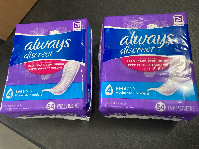 Photo 1 of Always Discreet Adult Incontinence Pads for Women, Moderate Absorbency, Regular Length, Postpartum Pads, 108 Total (2 Pack 54 CT)
