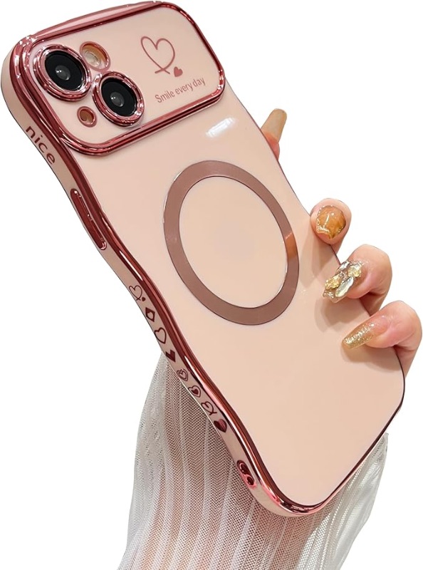 Photo 1 of iPhone 13Pro Max Magnetic Case with Stand, Luxury Electroplating Shockproof Wave Curly Frame and Heart Pattern, Lens and Screen Edge Raised Protection for iPhone 14 Pro Max-Pink