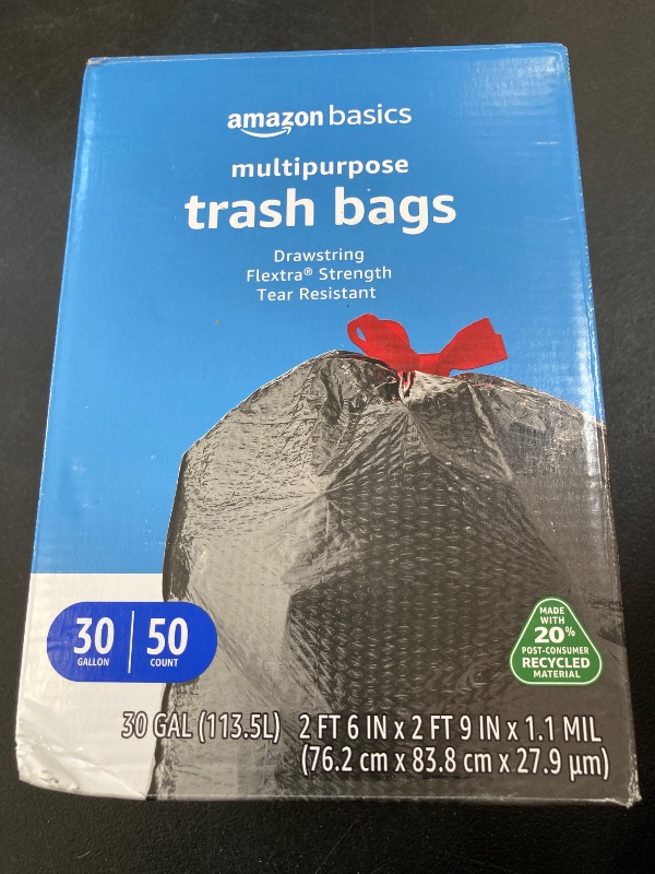 Photo 1 of Amazon Basics 30 Gallon Flextra Strength Multipurpose Drawstring Trash Bags, 20% Post Consumer Recycled, 50 count